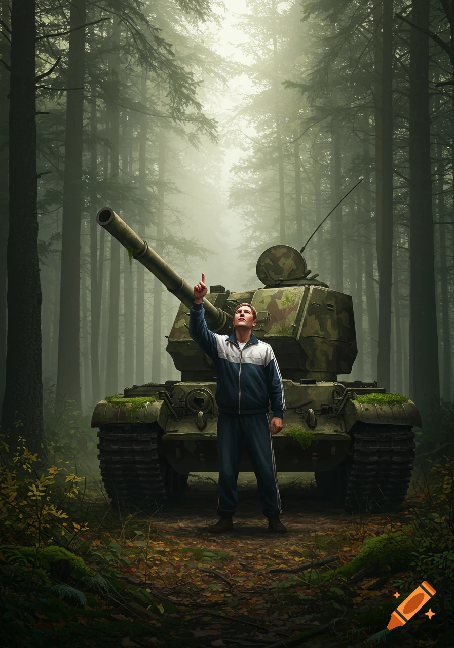 A man in a blue tracksuit points up in a foggy forest, with an overgrown camouflage tank behind him. Photorealistic style.