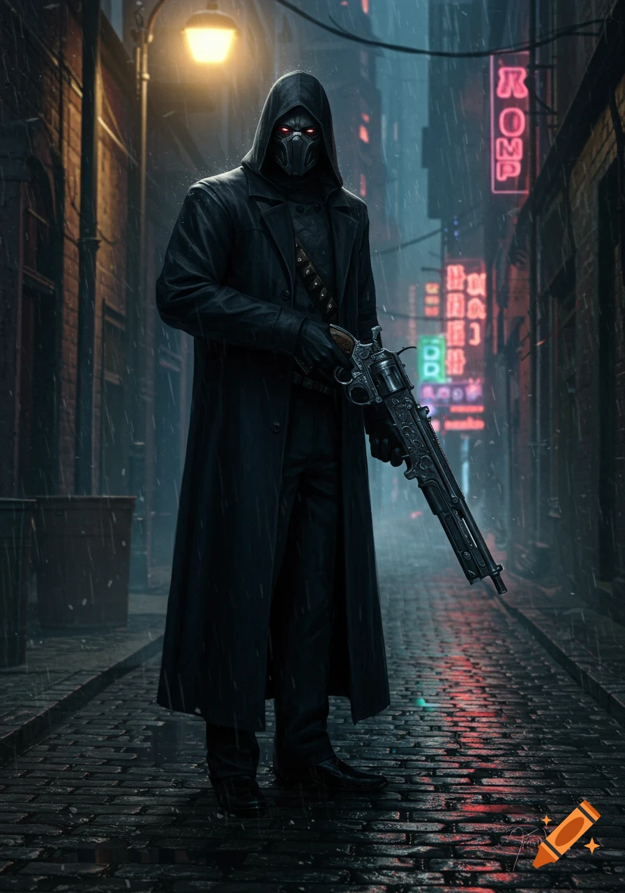 A masked, hooded figure in a black trench coat holds a futuristic revolver-rifle in a dark, rainy cyberpunk alley with neon signs.
