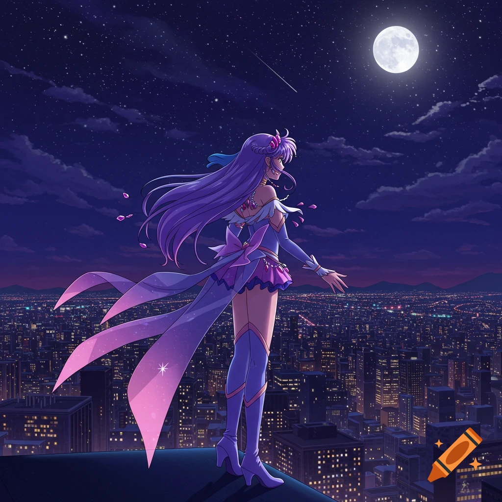 Anime magical girl with long purple hair overlooking a city at night under a full moon.