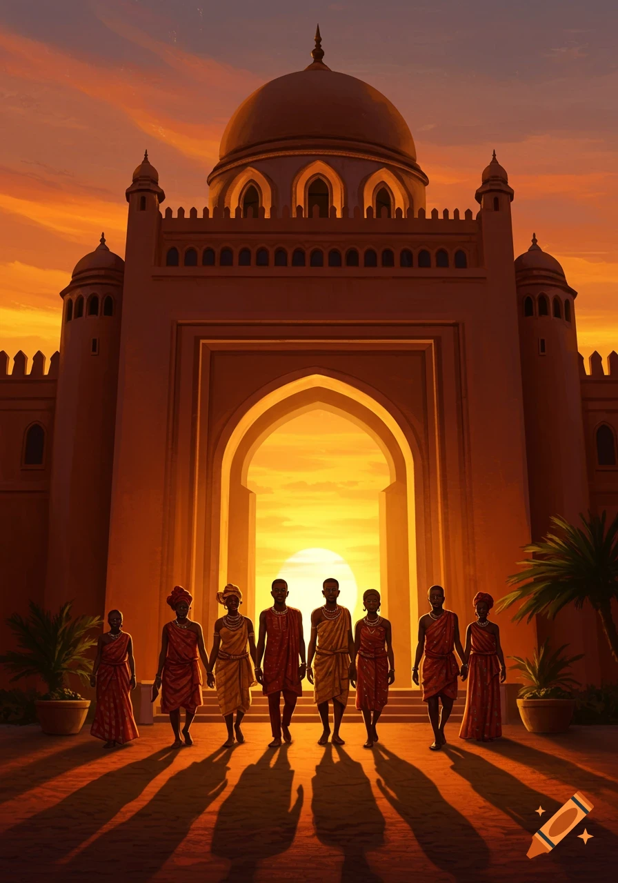 Seven silhouetted African people walk through a grand archway of a domed building at sunset, casting long shadows.