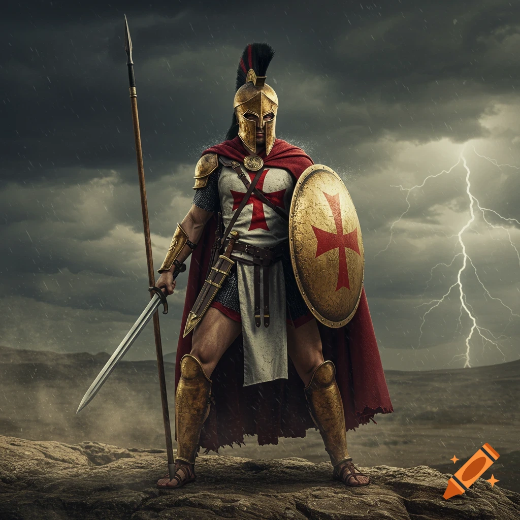 Photorealistic Spartan-Templar warrior stands with spear, sword, and shield in a stormy, rainy landscape with lightning.