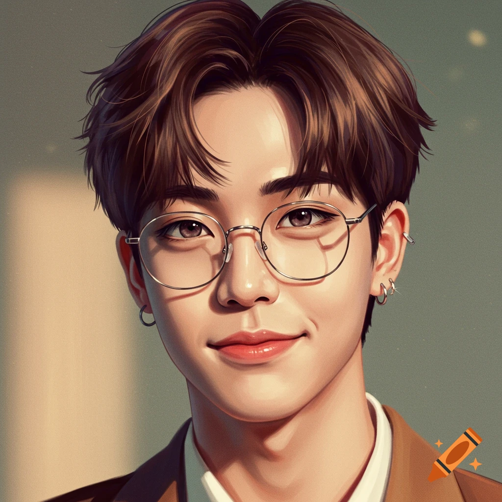 Anime-style digital portrait of a smiling young man with brown hair, round glasses, and earrings.
