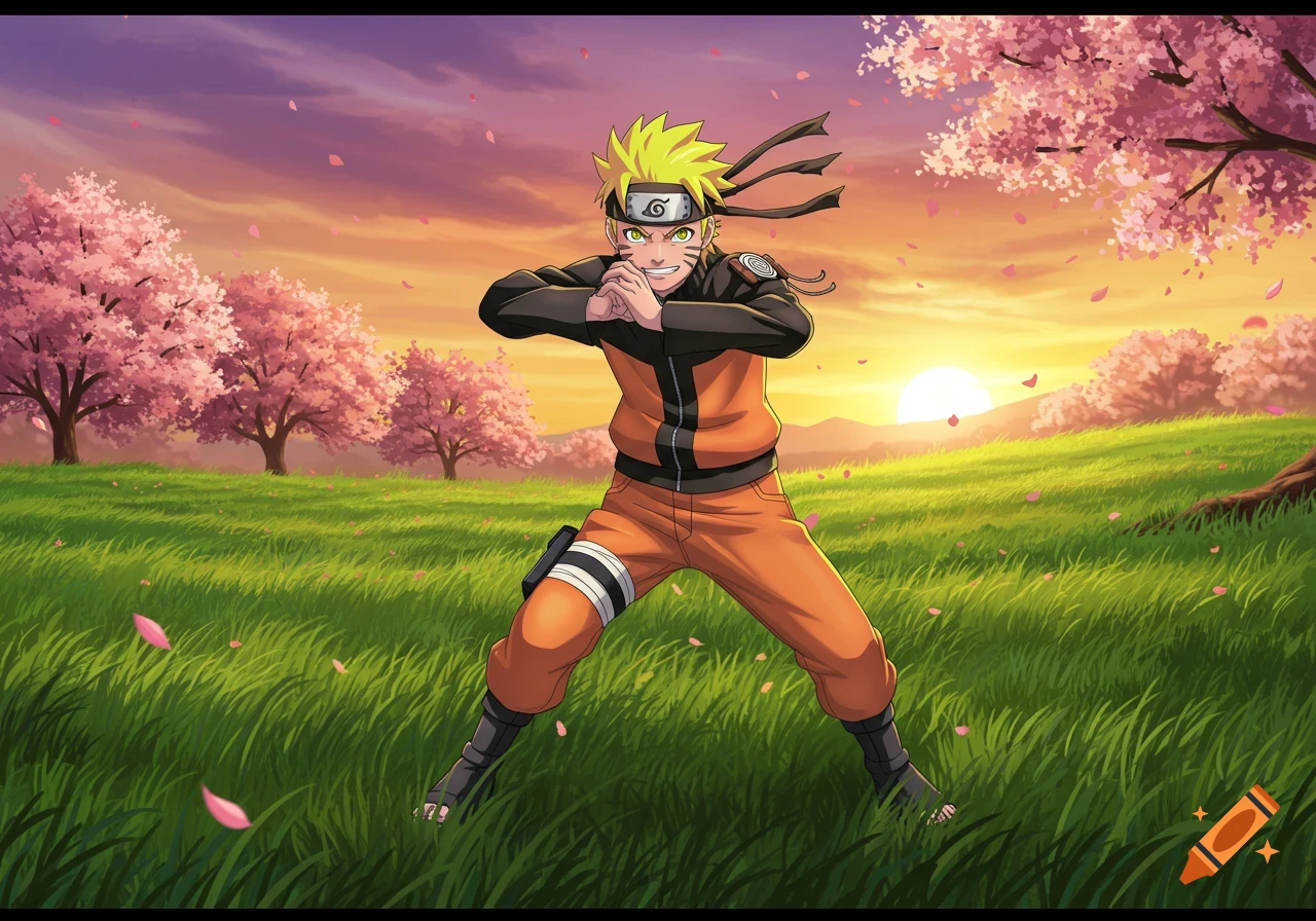 Naruto Uzumaki in his orange outfit, hands clasped, stands in a vibrant green field with pink cherry blossom trees at sunset.