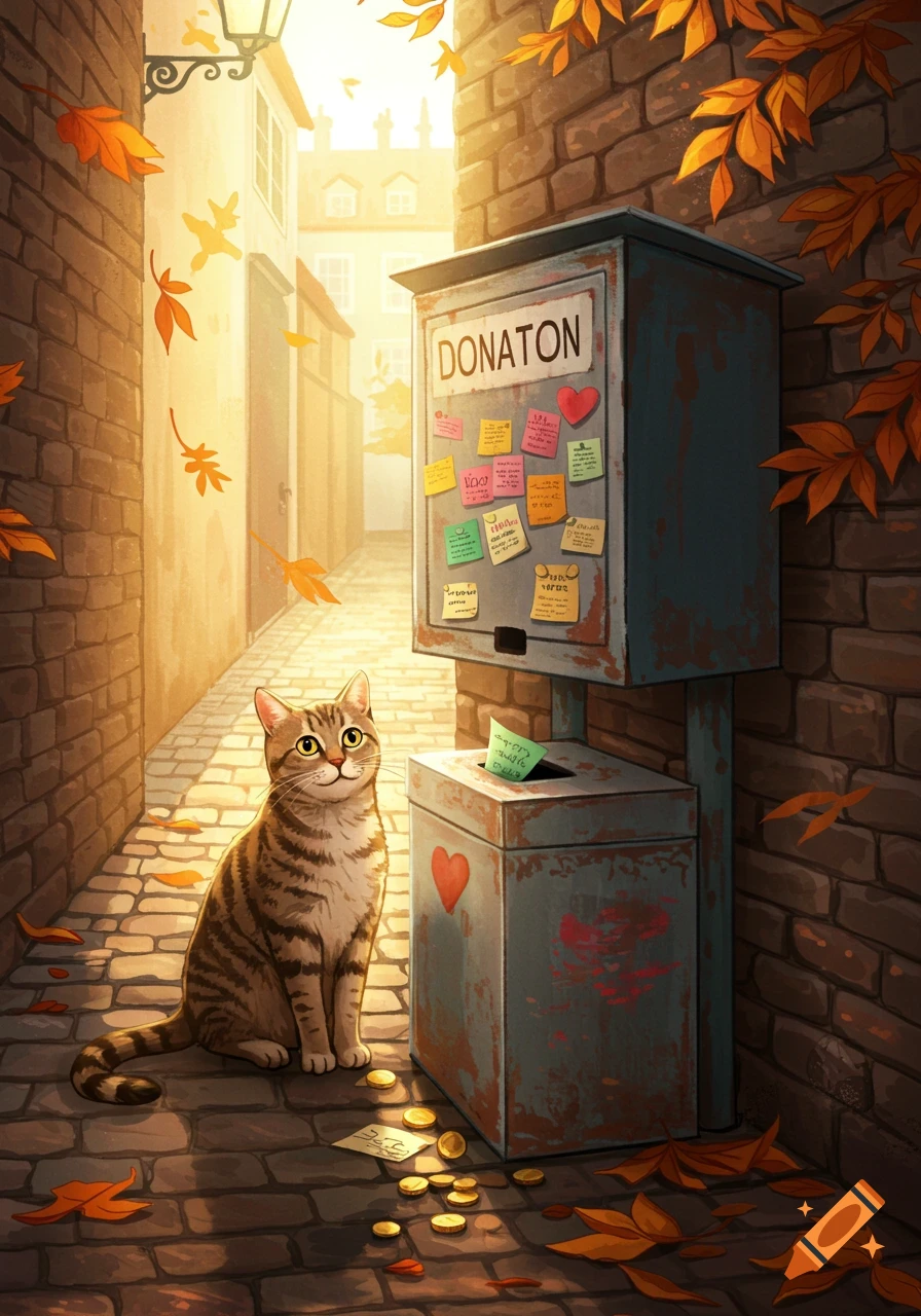 A tabby cat sits on a cobblestone alley floor next to a donation box with fallen autumn leaves, illuminated by warm sunlight.