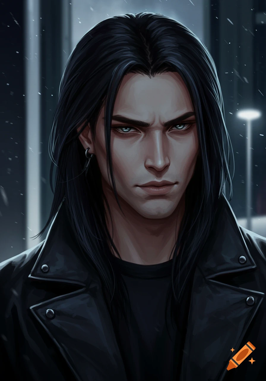 A digital art portrait of a serious man with long black hair and piercing blue eyes, wearing a black leather jacket in a snowy urban night.