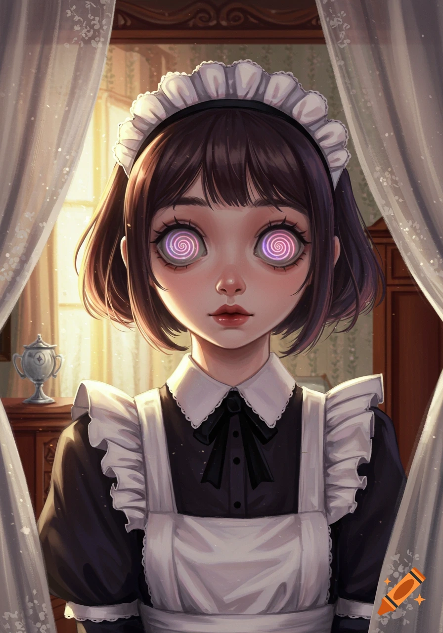 An anime-style maid with short brown hair and hypnotic purple spiral eyes looks forward, framed by white curtains.