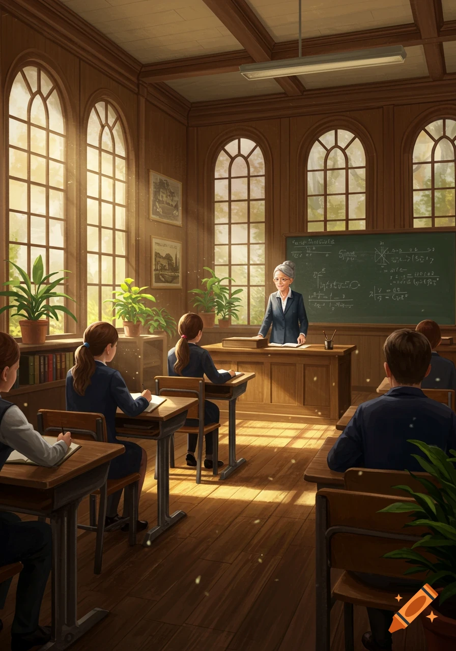 A detailed illustration of a teacher at the front of a sunlit classroom, with students seated at wooden desks.