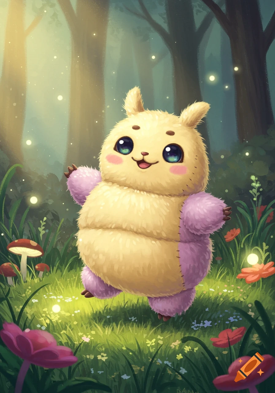 A cute, fluffy yellow and purple creature with big blue eyes smiles in a magical forest with glowing lights and mushrooms.