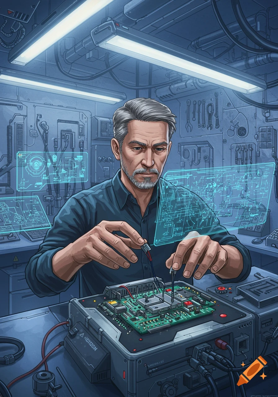 An illustrated man with grey hair and beard works on a circuit board in a futuristic lab with glowing holographic screens.