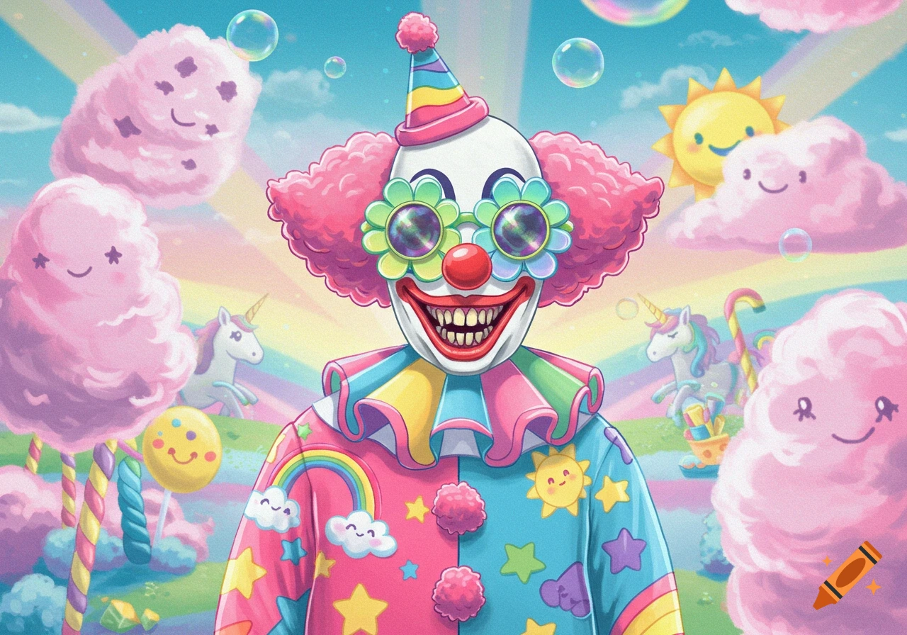 A whimsical clown with pink hair and flower sunglasses smiles in a pastel wonderland of cotton candy clouds, unicorns, and rainbows.