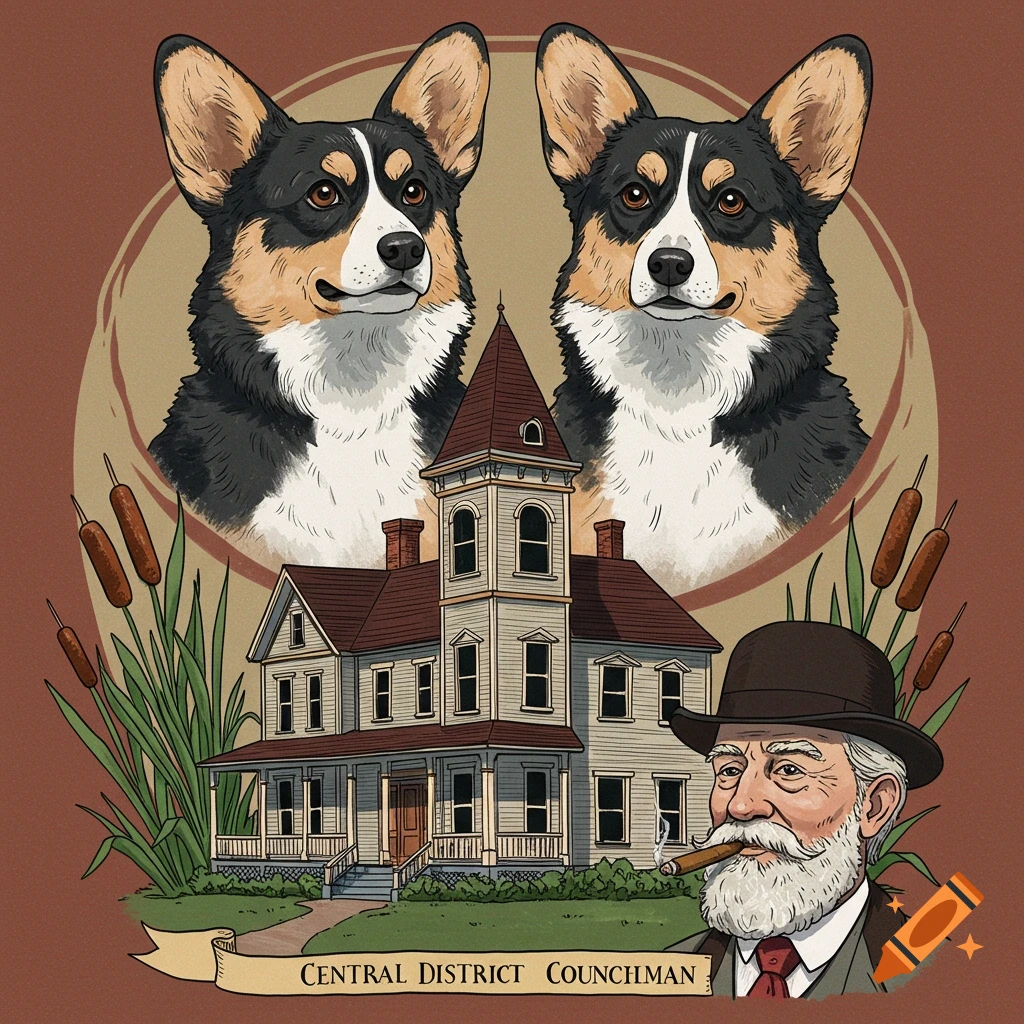 Illustrated logo with two corgis over a Victorian house, cattails, and a man smoking a cigar. Text reads 'CENTRAL DISTRICT COUNCILMAN'.