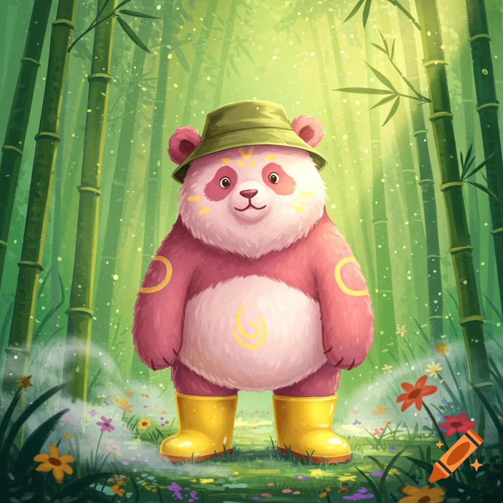 A pastel pink panda in an olive green bucket hat and yellow wellington boots stands in a vibrant bamboo forest with wildflowers.