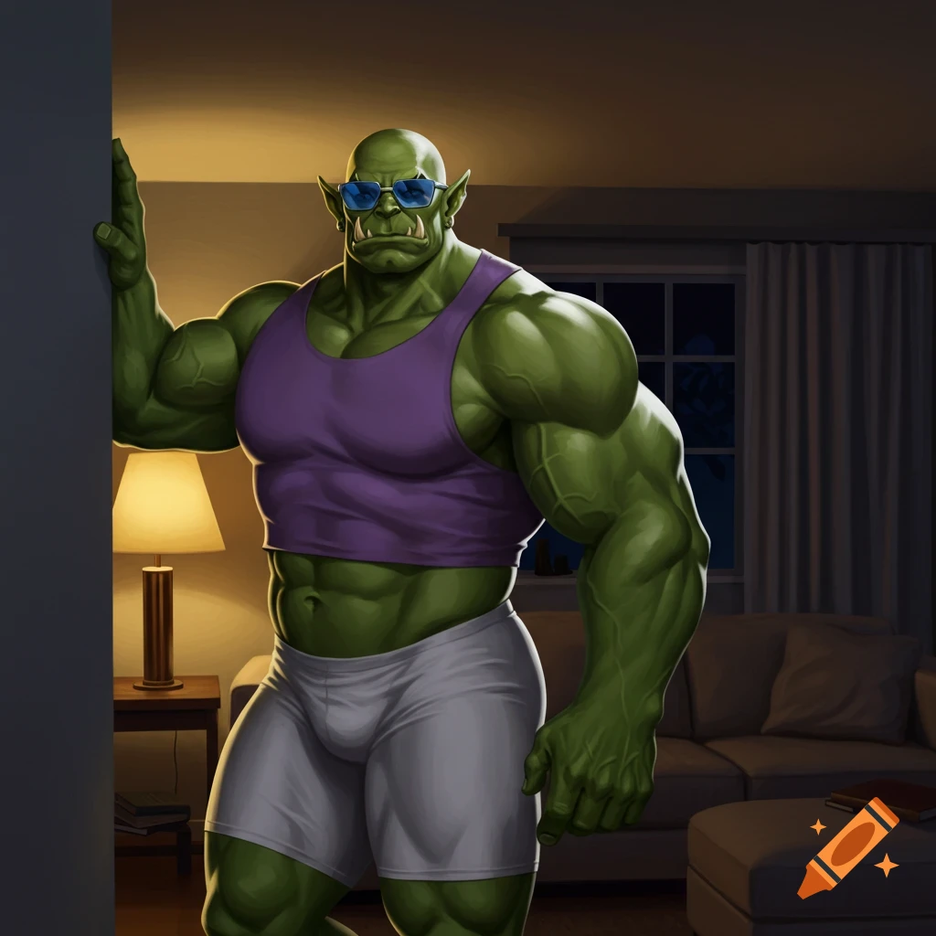 A muscular green orc with blue sunglasses, wearing a purple tank top and white shorts, leans against a wall in a living room.