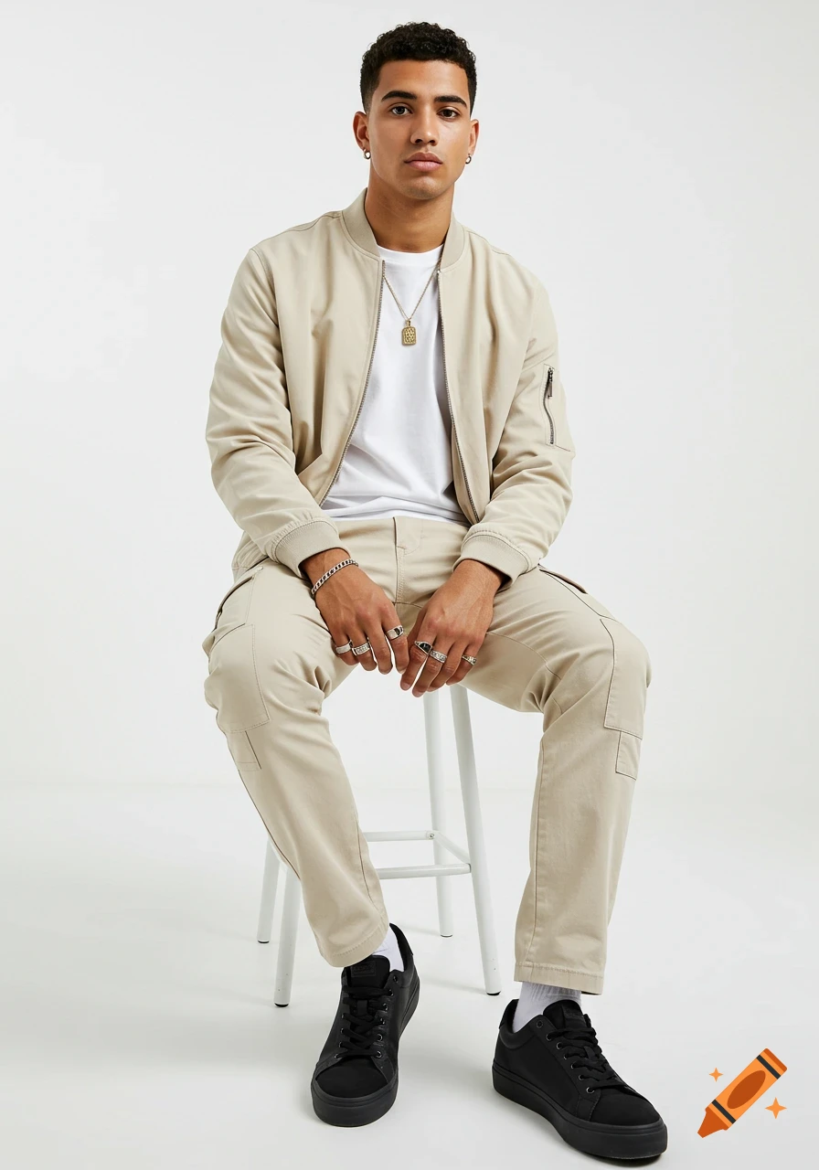 Young man in a beige bomber jacket, white t-shirt, beige cargo pants, and black sneakers sitting on a stool in a studio.