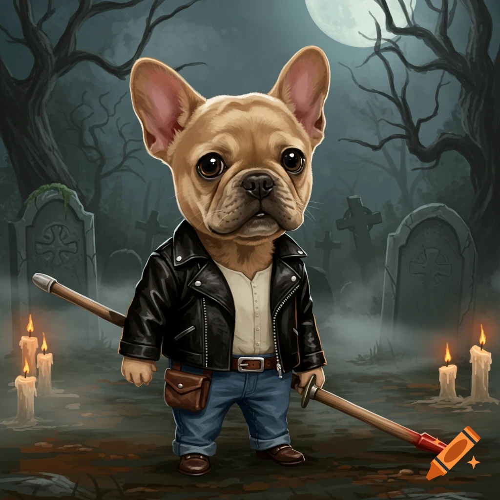 A fawn French bulldog in a leather jacket and jeans holds a stake in a spooky graveyard with tombstones, candles, and a full moon. Illustrated.