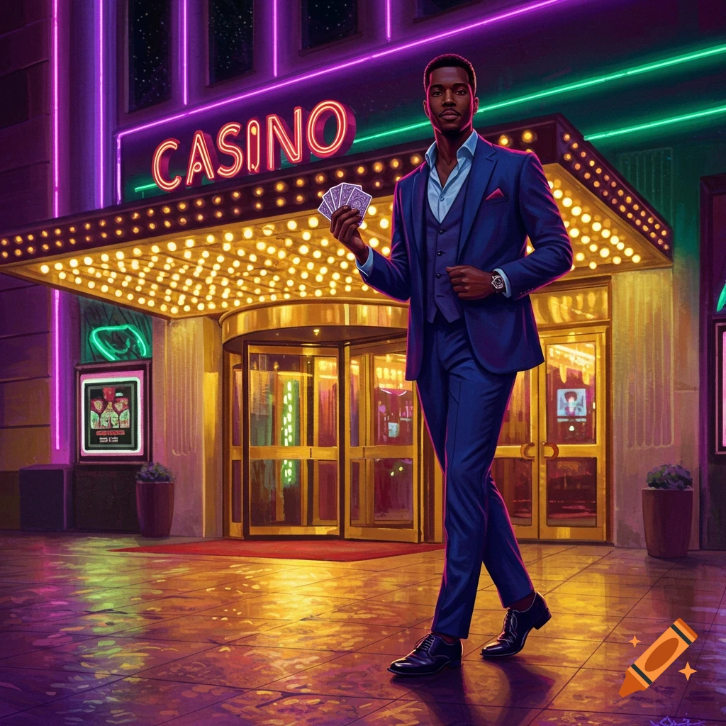A stylish man in a blue suit holds playing cards outside a brightly lit casino at night, in a vibrant, neon-lit art style.