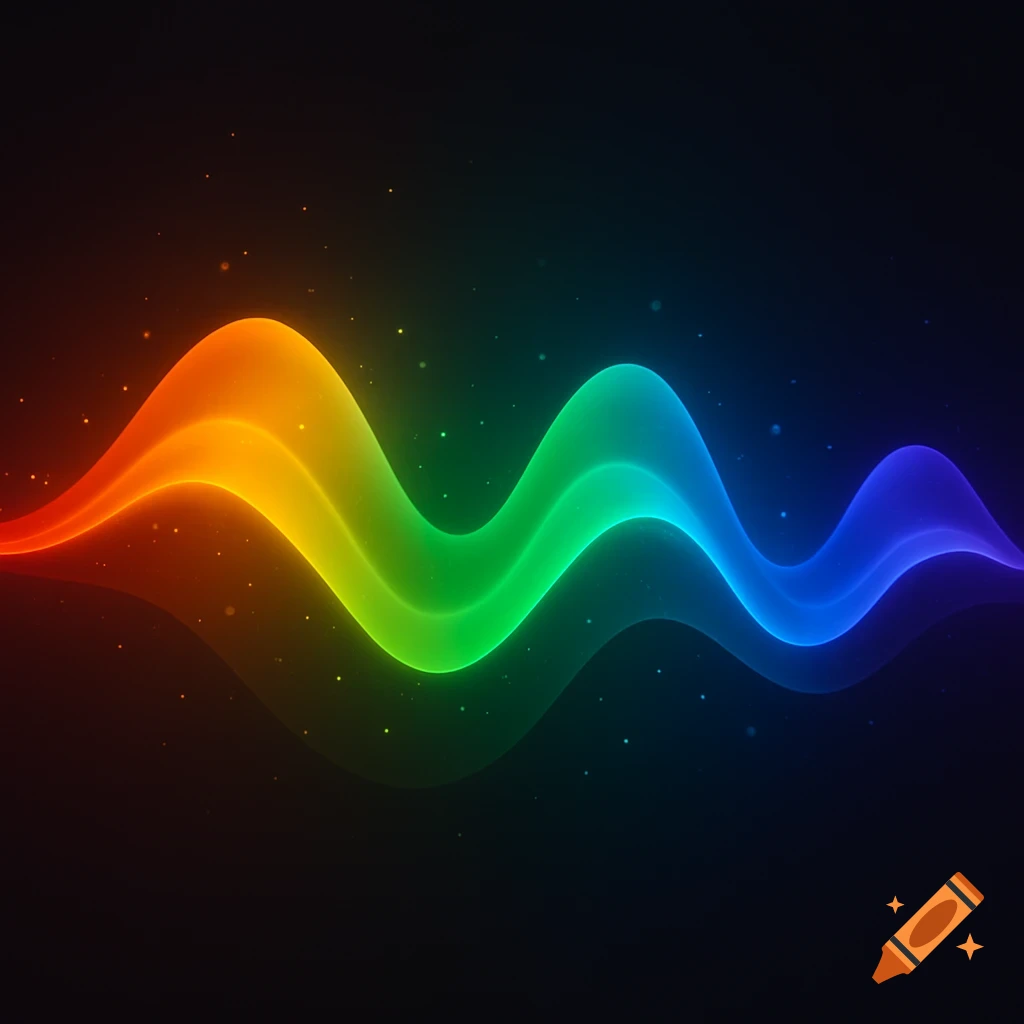 Glowing rainbow-colored wavy line on a dark background with scattered light particles.