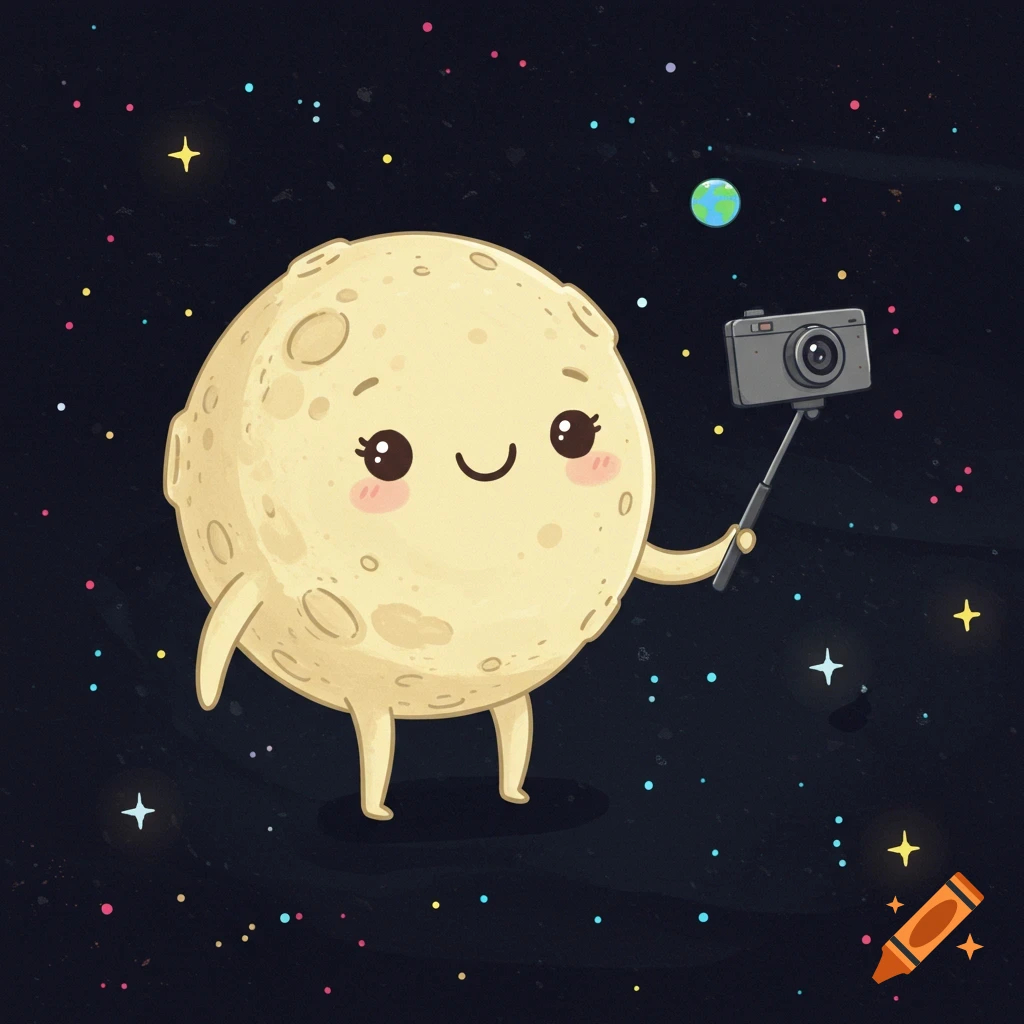 A cute cartoon moon character with a happy face holds a camera on a selfie stick in starry space with Earth in the distance.
