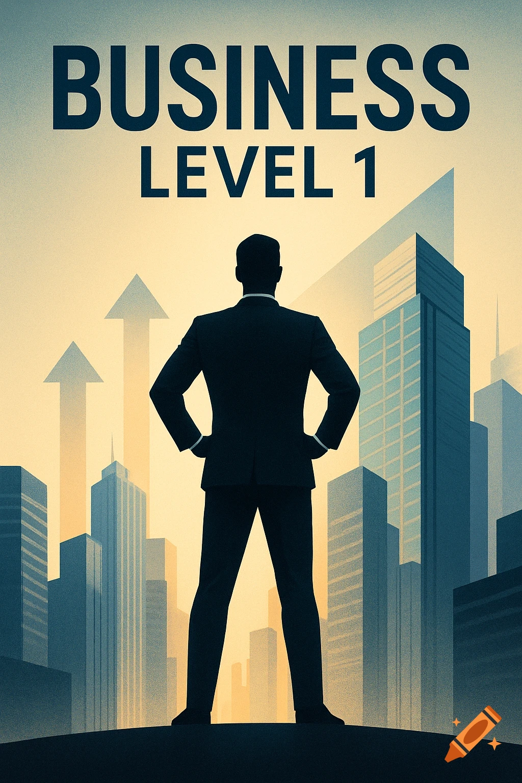 Silhouette of a businessman looking at a city skyline with upward arrows and text "BUSINESS LEVEL 1" in a poster style.