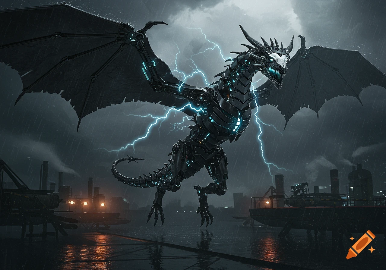 A hyperrealistic black robotic dragon with glowing blue accents flies through a stormy, rainy industrial city as lightning flashes.