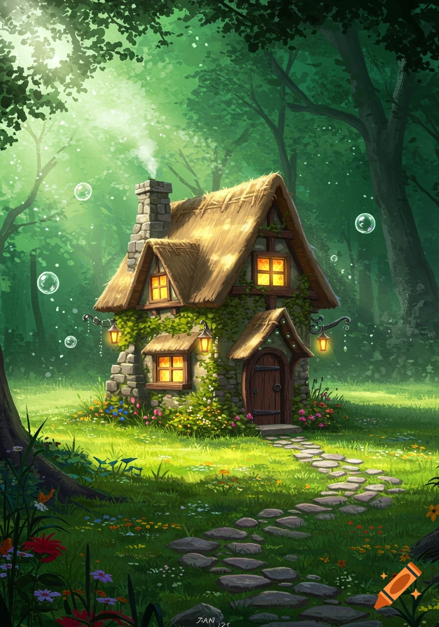 A whimsical cottage with a thatched roof and glowing windows, surrounded by vibrant green foliage and wildflowers in a magical forest, with floating bubbles.