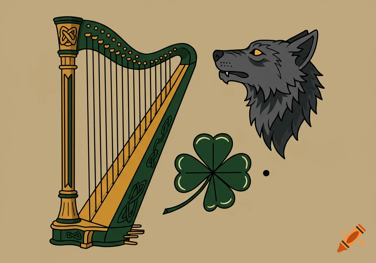 A stylized traditional Celtic tattoo design featuring a green and gold Irish harp, a gray wolf's head, and a green shamrock on a beige background.