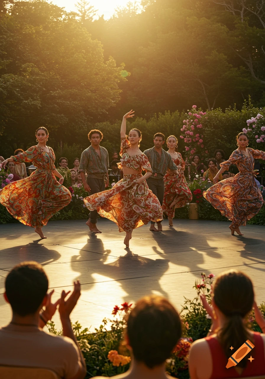 Dancers in colorful costumes perform barefoot on an outdoor stage at sunset, with an audience in the foreground.