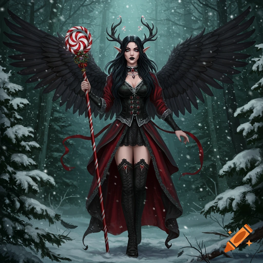 A gothic elf woman with black wings and antlers holds a candy cane staff in a snowy forest.