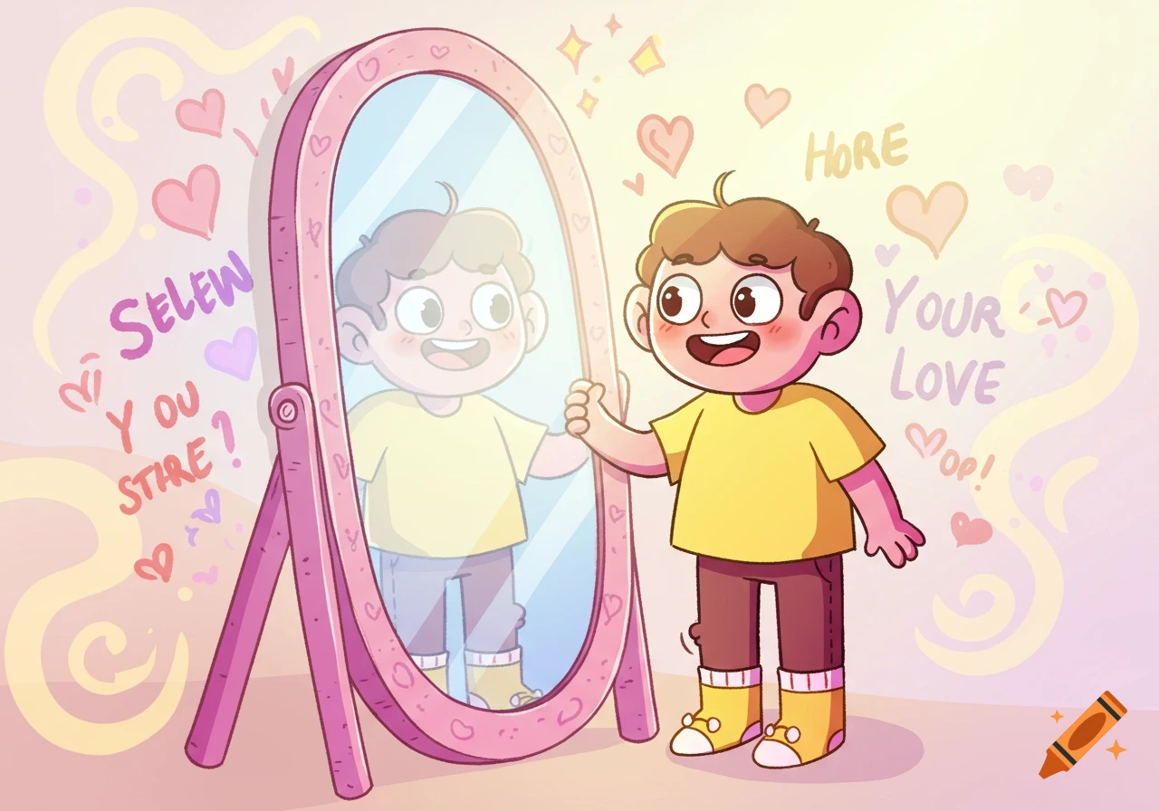 A cartoon boy in a yellow shirt looks at his reflection in an oval mirror surrounded by hearts and text.