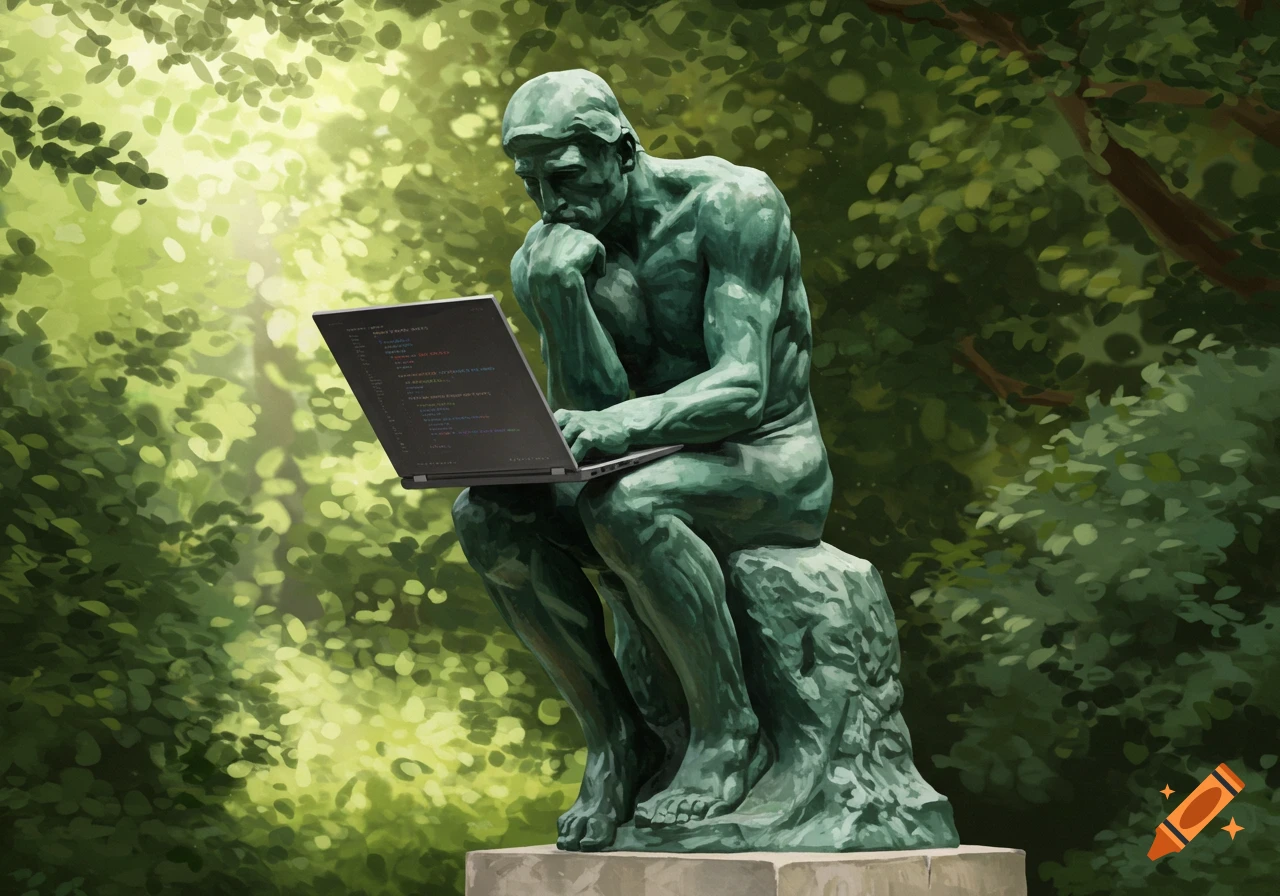 A green patina statue of Rodin's The Thinker sits on a stone base, typing intently on an open laptop in a lush green forest.
