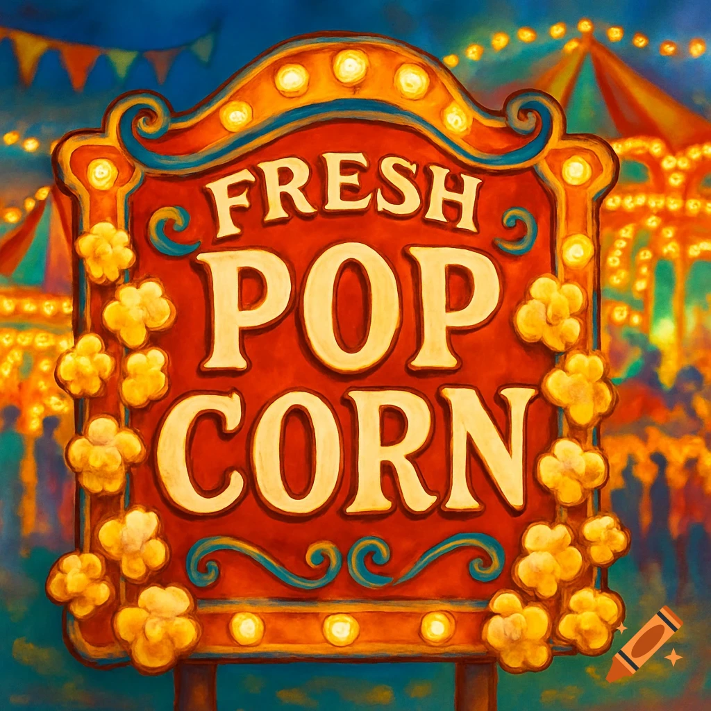 A vibrant, hand-drawn sign for 'FRESH POPCORN' at a carnival, decorated with lights and kernels, with blurred tents in the background.