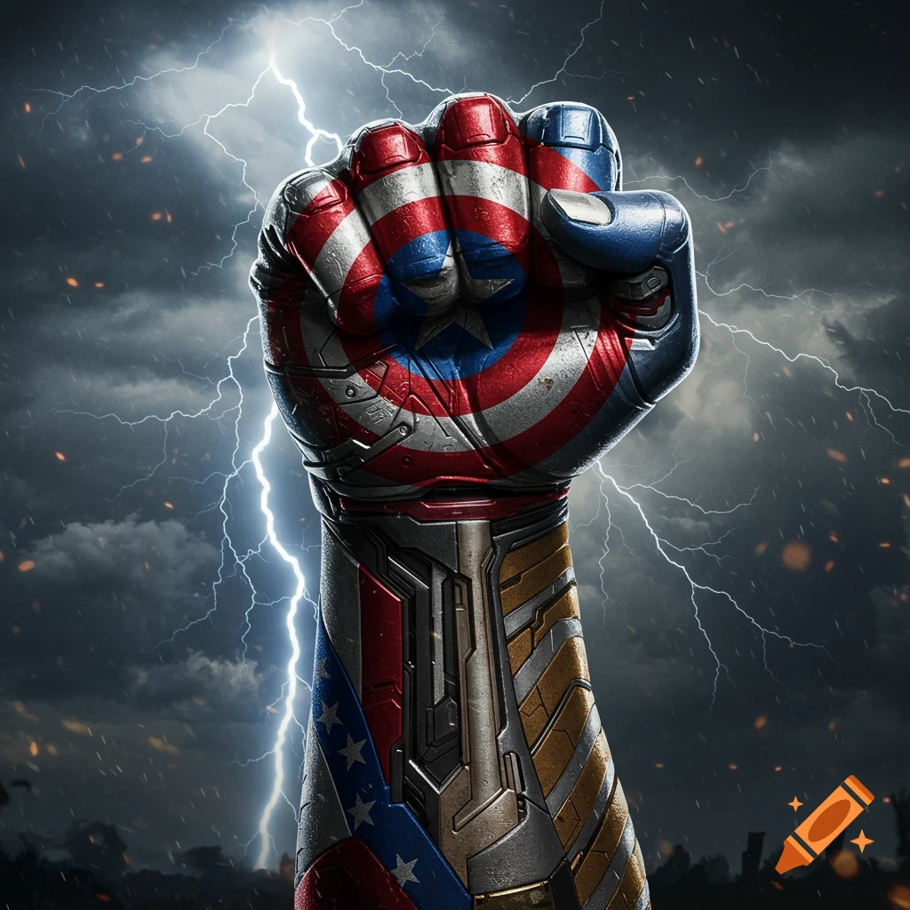 A stylized fist with Captain America shield and Bucky Barnes arm designs raised against a stormy sky with lightning.