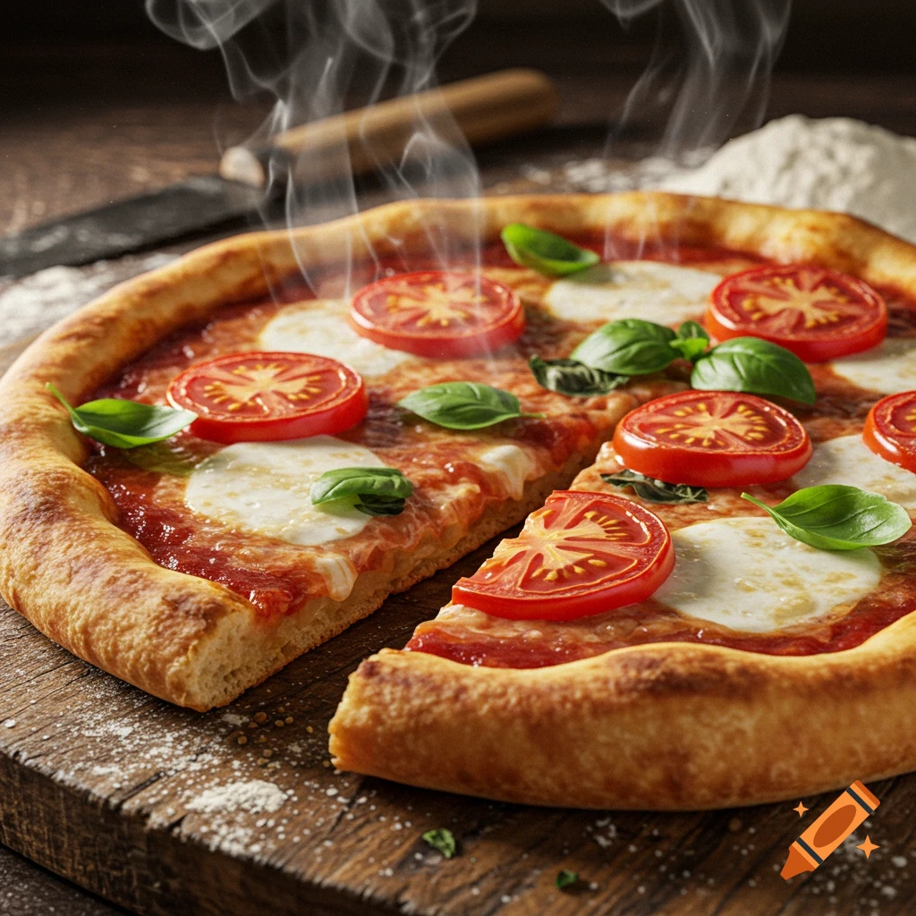 Steaming hot Margherita pizza with a slice removed, topped with fresh tomatoes, mozzarella, and basil on a rustic wooden board.