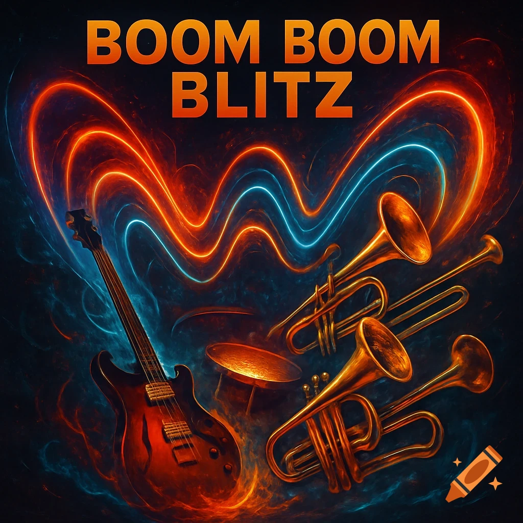 An electric guitar, trumpets, and a drum in a swirling neon light art with 'BOOM BOOM BLITZ' text.