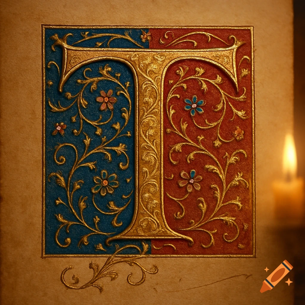 Ornate gold-embossed letter T in an illuminated manuscript style, with blue and red sections and floral patterns, beside a glowing candle.