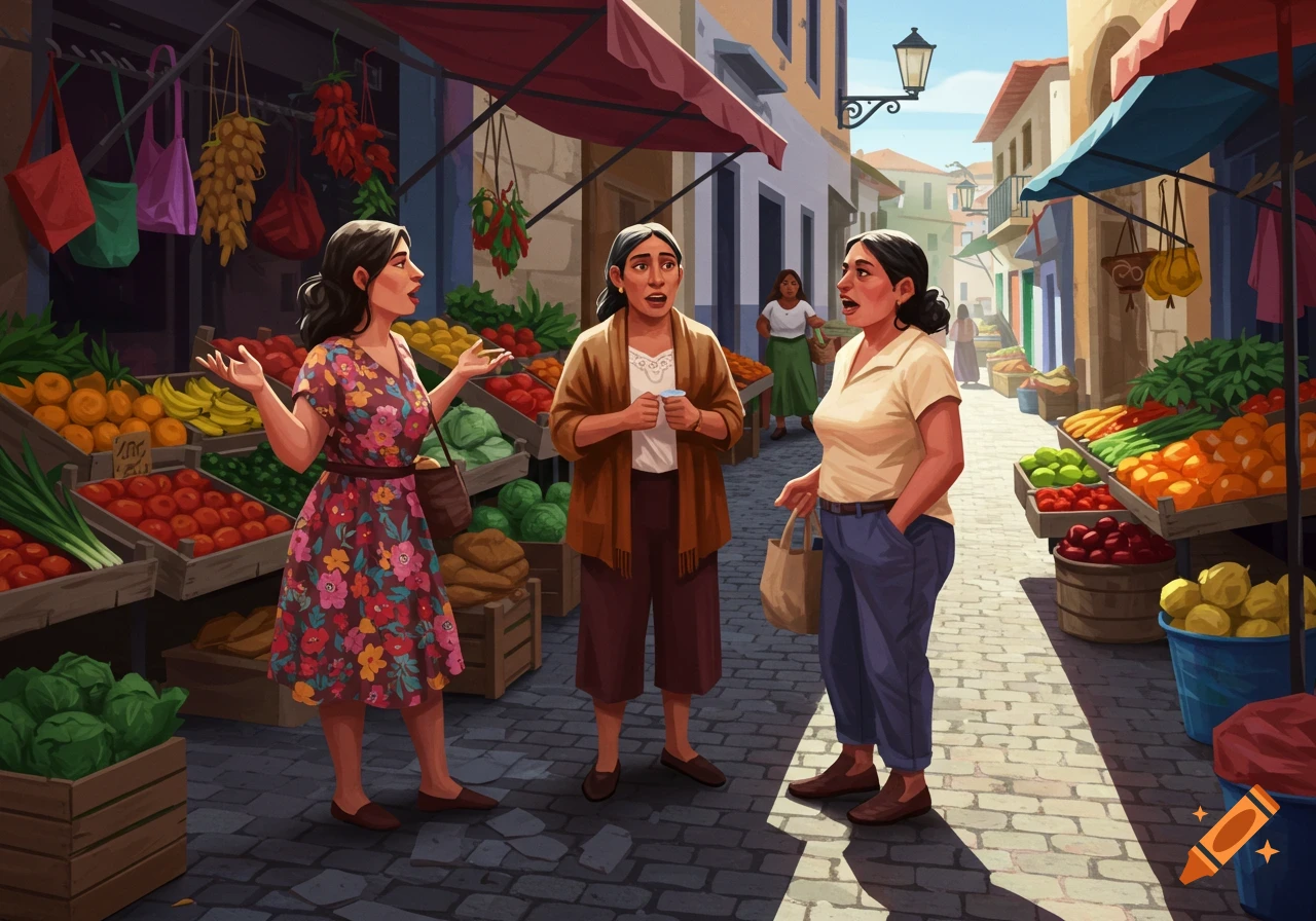 Three women chat at an outdoor market stall overflowing with colorful fruits and vegetables, in an illustrative style.