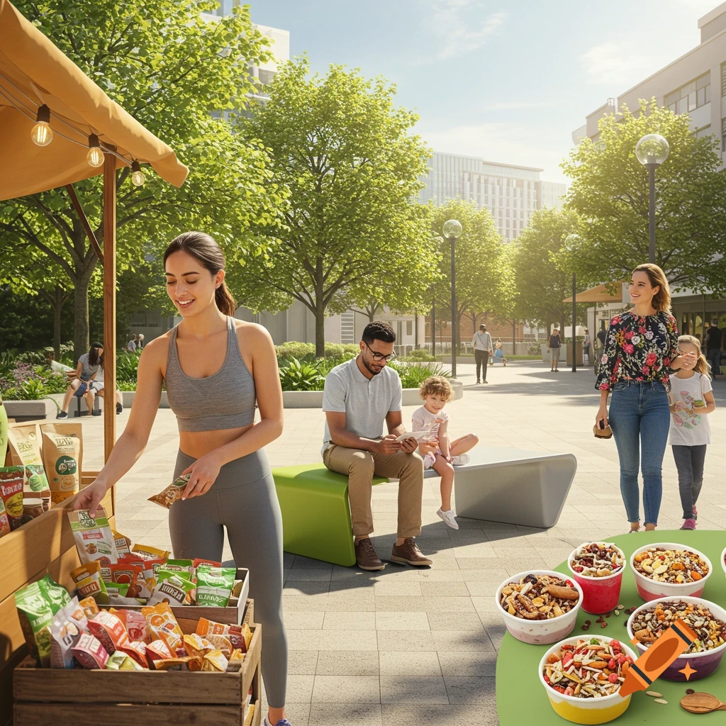 A woman in athletic wear smiles while browsing health food snacks at an outdoor market stall, with people relaxing nearby.