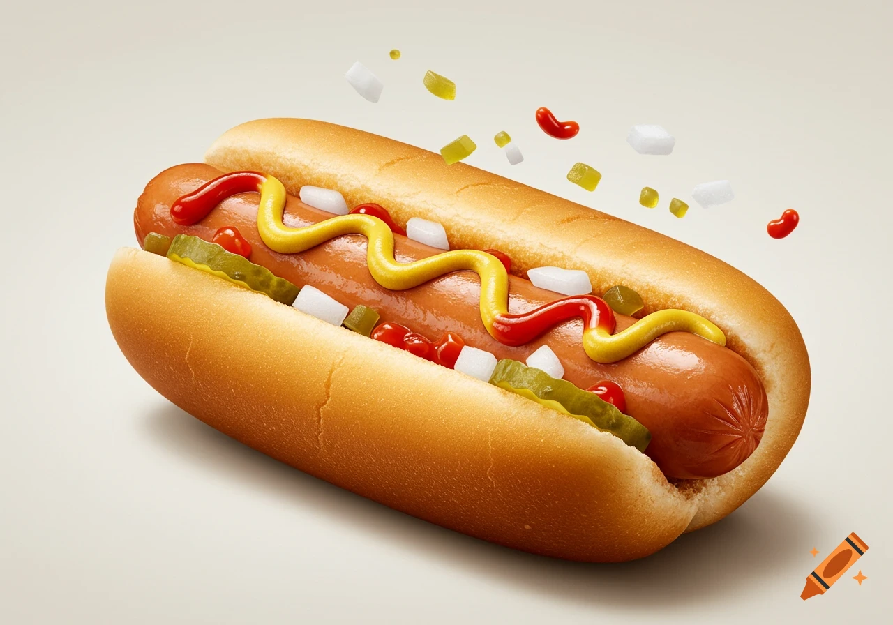 Photorealistic hotdog in a bun with ketchup, mustard, relish, and diced onions, some condiments floating above, in an advertisement style.