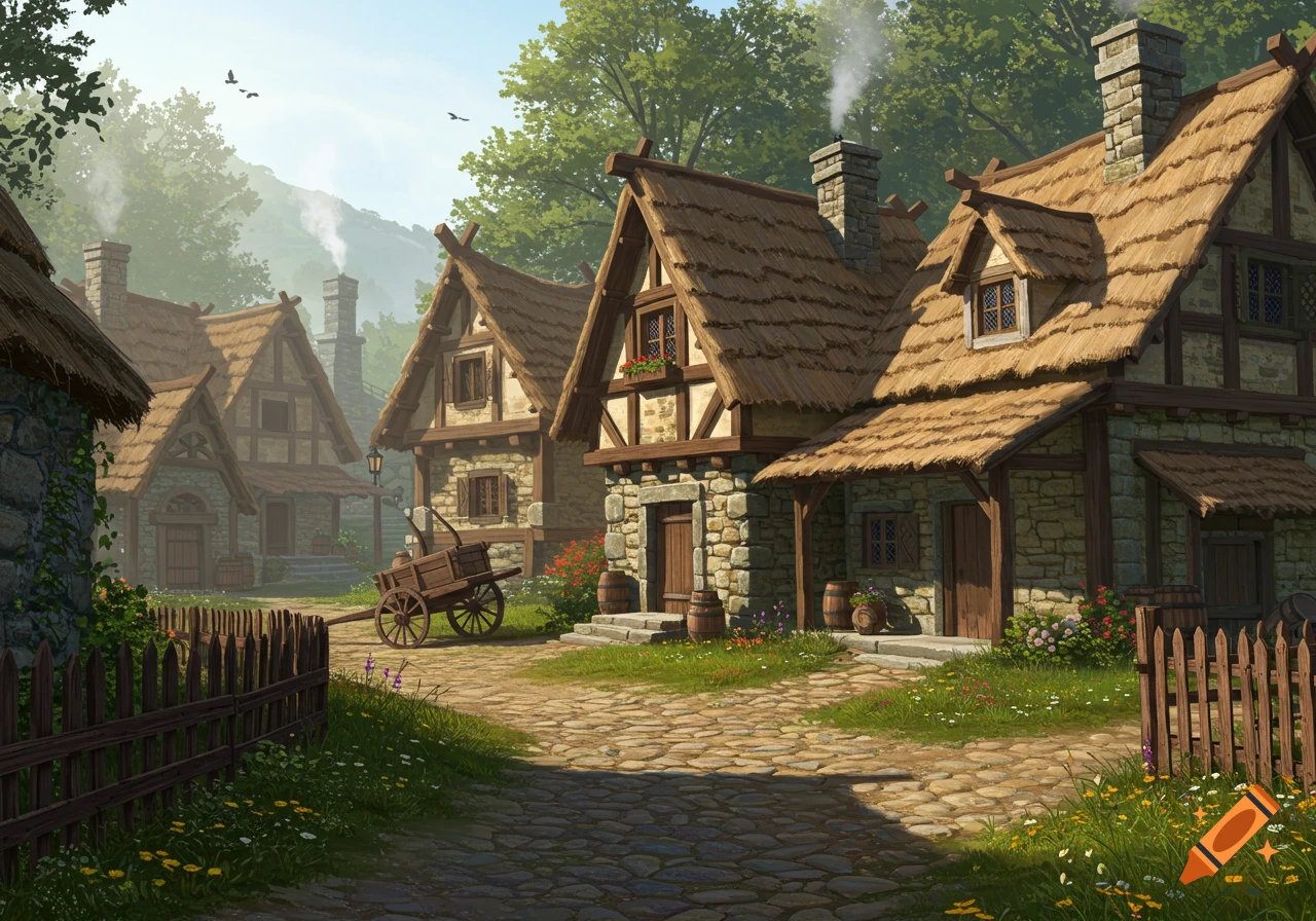 A serene medieval village with stone and timber houses, thatched roofs, a cobbled path, and lush green foliage under a soft sky.