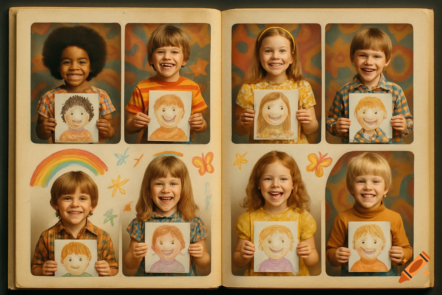 Eight smiling children in a vintage school yearbook style, each holding up a drawing of a smiling face.