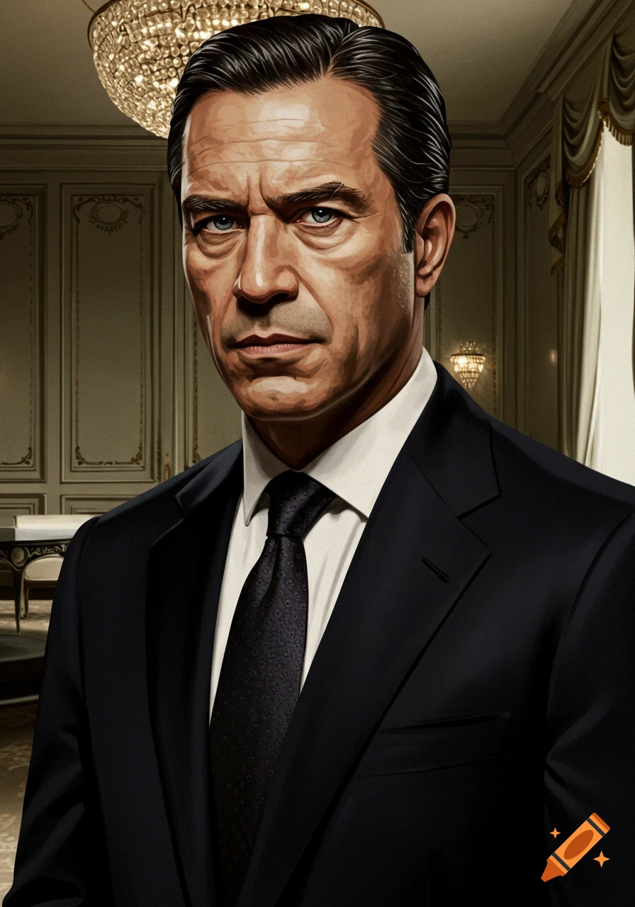 Glamor portrait of a serious man in a dark suit and tie, against a backdrop of a luxurious room with a chandelier.