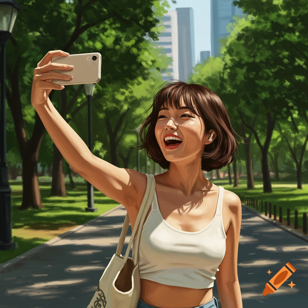 Smiling Asian woman with short hair takes a selfie in a sunny park, illustrated style.