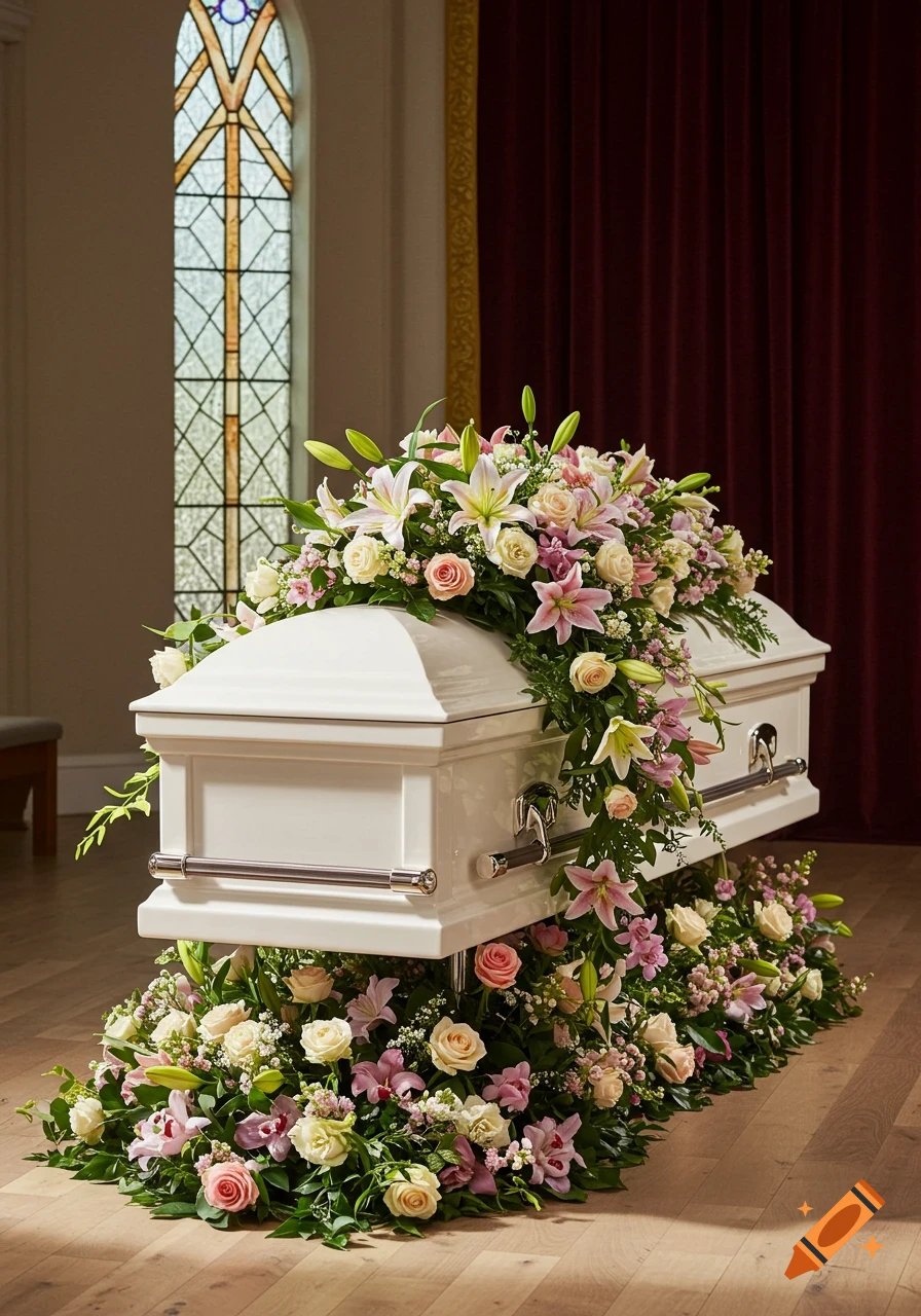 White casket covered in pink, white, and green flowers, on a wooden floor in a chapel with a stained glass window.