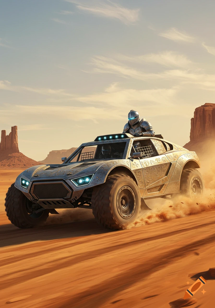 A futuristic knight in an armored rally car speeds through a dusty desert landscape with towering rock formations.