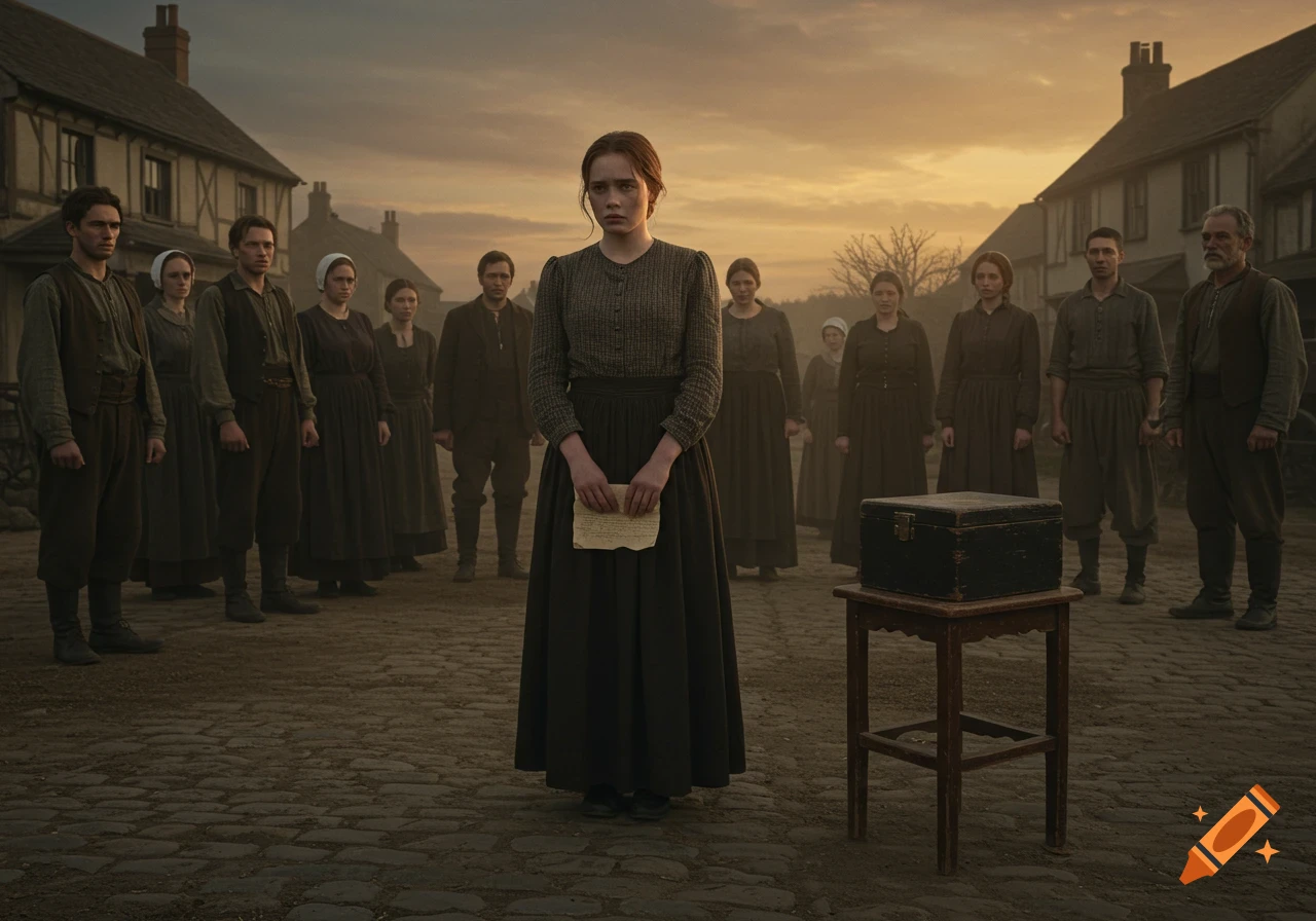 A young woman stands in a cobblestone village square at sunset, clutching a paper, surrounded by solemn villagers and a black box on a stool.