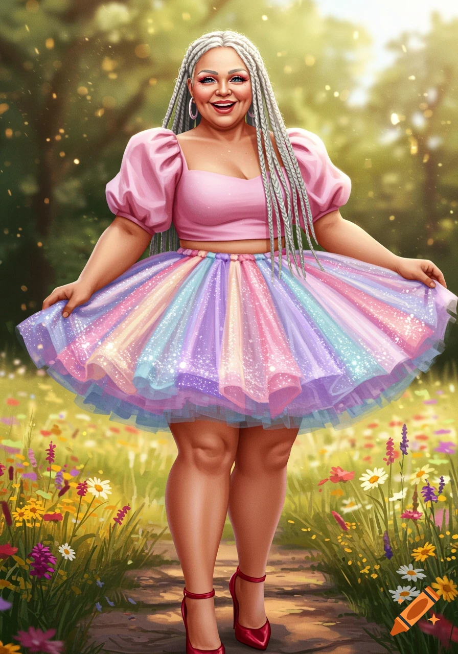 Smiling woman with silver braids in a pink puff-sleeve top, sparkly rainbow tutu, and red heels, standing on a path in a field of wildflowers.