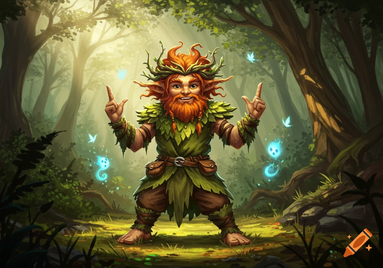 A smiling, red-bearded druid in leafy attire stands in a magical forest making finger gun gestures.