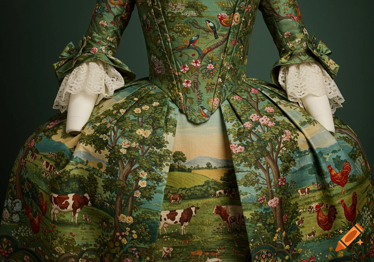 A 1770s green gown with a pastoral toile print of trees, flowers, cows, chickens, and birds on a mannequin.