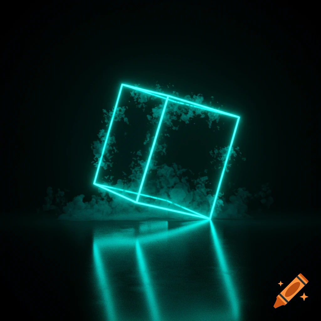 A glowing turquoise neon cube frame floats above a reflective dark surface, surrounded by wispy teal smoke.