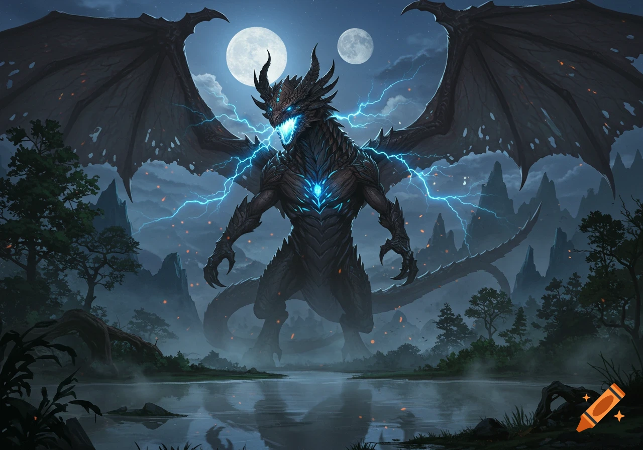 A powerful black dragon with glowing blue lightning stands in a misty forest landscape under two full moons, reflected in water.